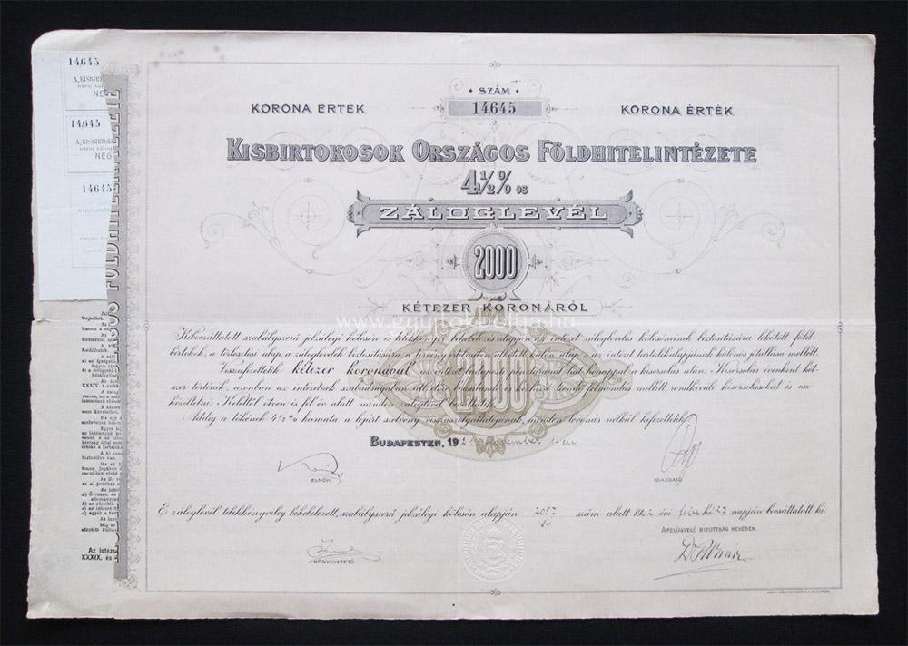 Kisbirtokosok Orszgos Fldhitelintzete zloglevl 2000 k 1921